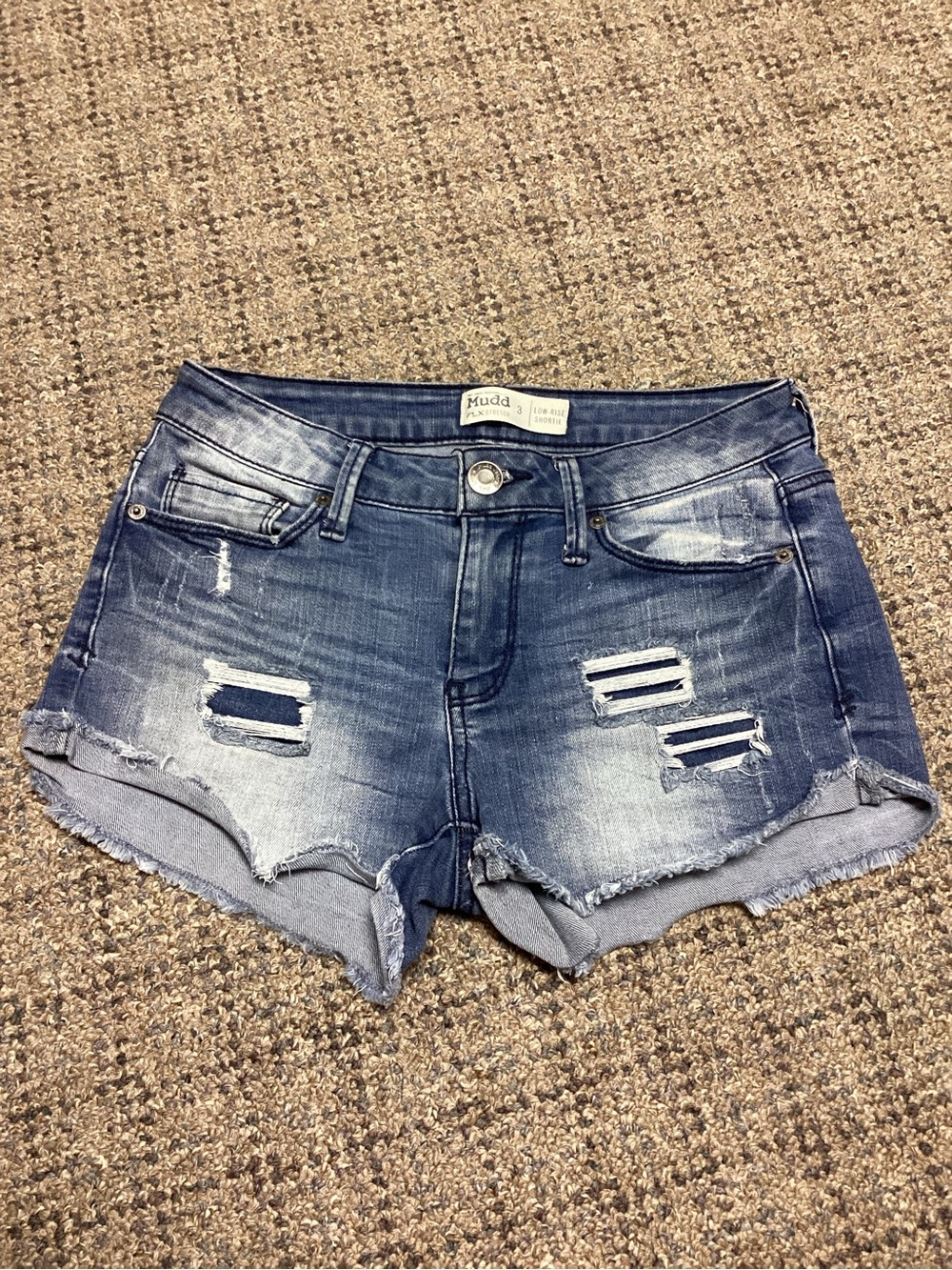 Mudd FLX Stretch Low Rise Shortie Distressed Denim Ripped Shorts - Blue * Size 3